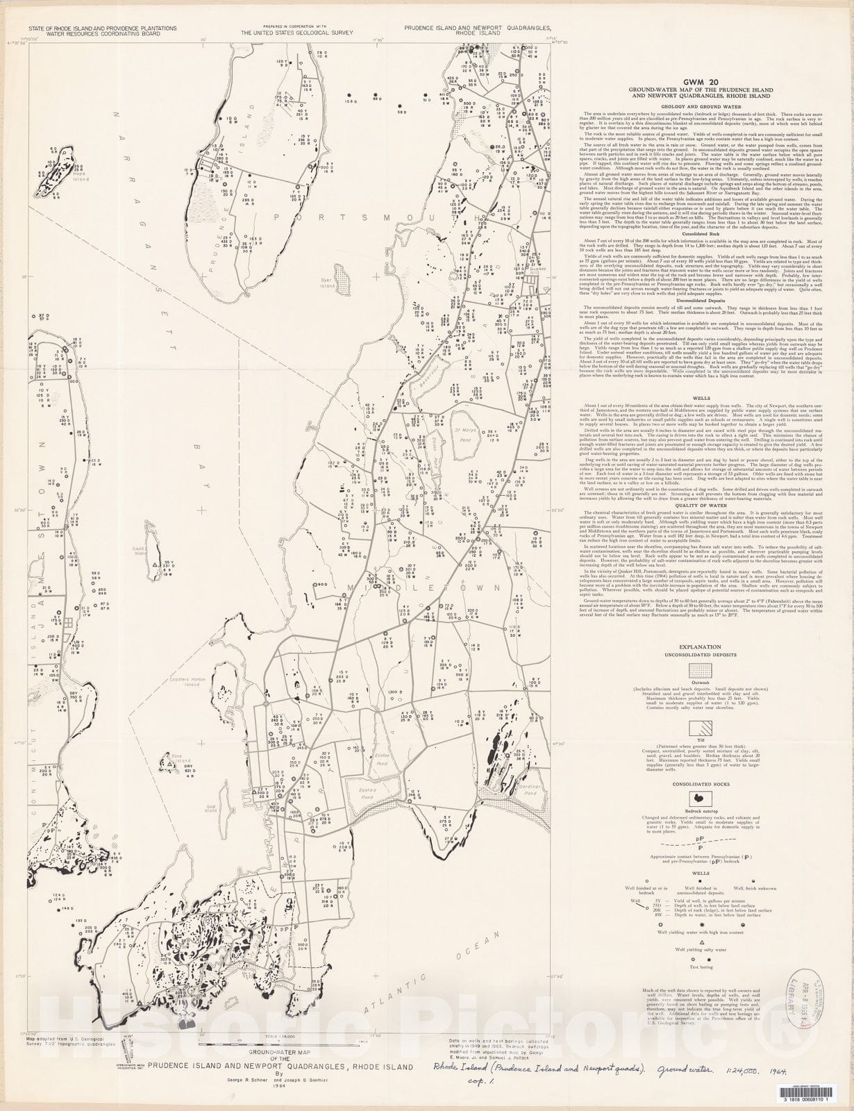 Map : Ground-water map of the Prudence Island and Newport quadrangles, Rhode Island, 1964 Cartography Wall Art :