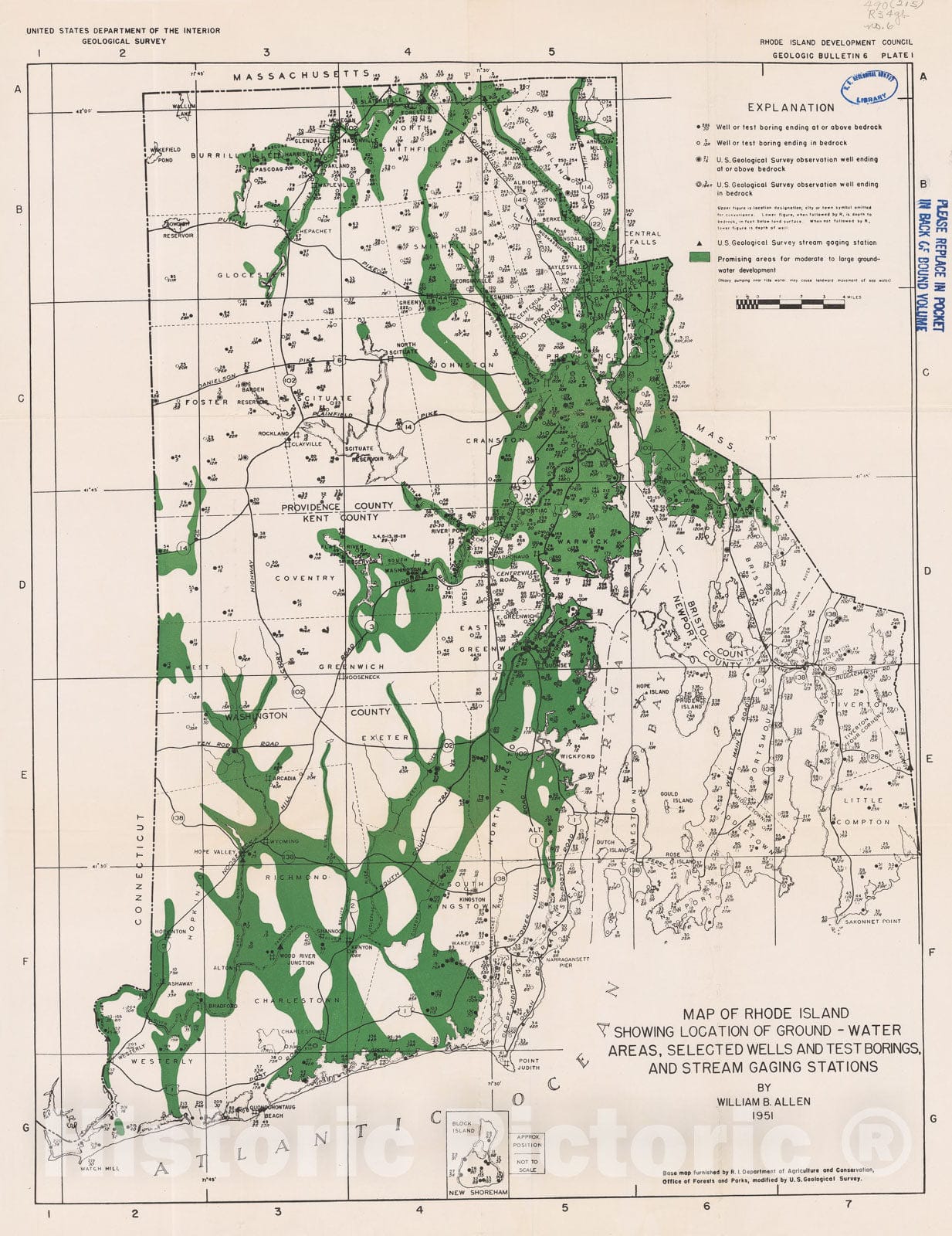 Map : The ground-water resources of Rhode Island - A reconnaissance, with a section on surface-water resources, 1953 Cartography Wall Art :
