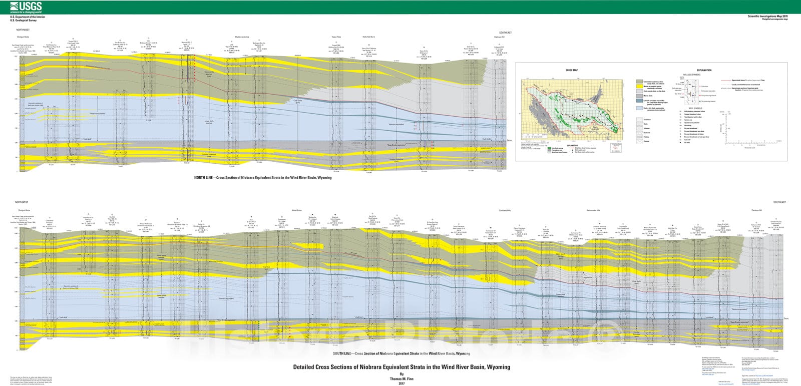 Map : Stratigraphic cross sections of the Niobrara interval of the Cody Shale and associated rocks in the Wind River Basin, central Wyoming, 2017 Cartography Wall Art :