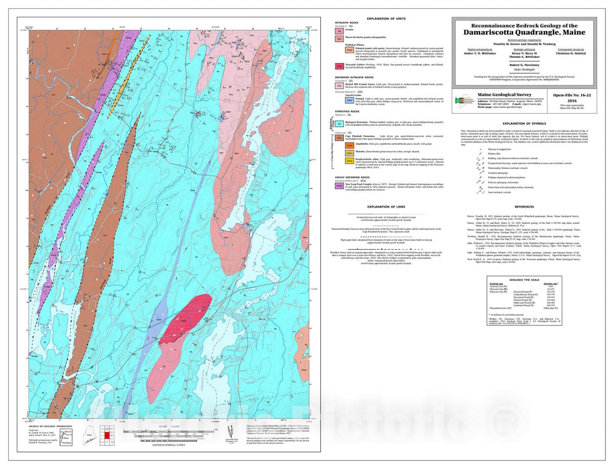 Map : Reconnaissance bedrock geology of the Damariscotta quadrangle, Maine, 2016 Cartography Wall Art :
