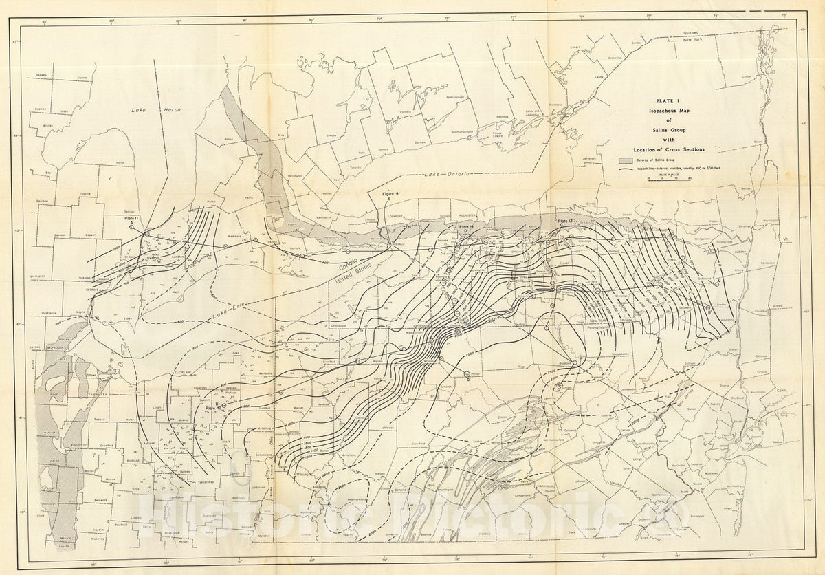 Map : Stratigraphy of the Upper Silurian Salina Group, New York, Pennsylvania, Ohio, Ontario, 1969 Cartography Wall Art :