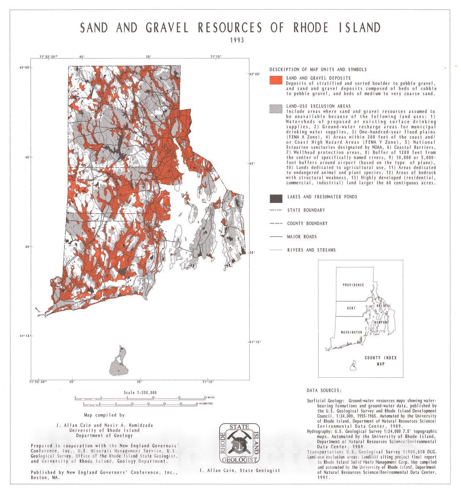 Map : Sand and gravel resources of Rhode Island, 1993 Cartography Wall Art :