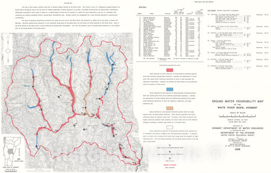 Map : Ground water favorability map of the White River basin, Vermont, 1968 Cartography Wall Art :