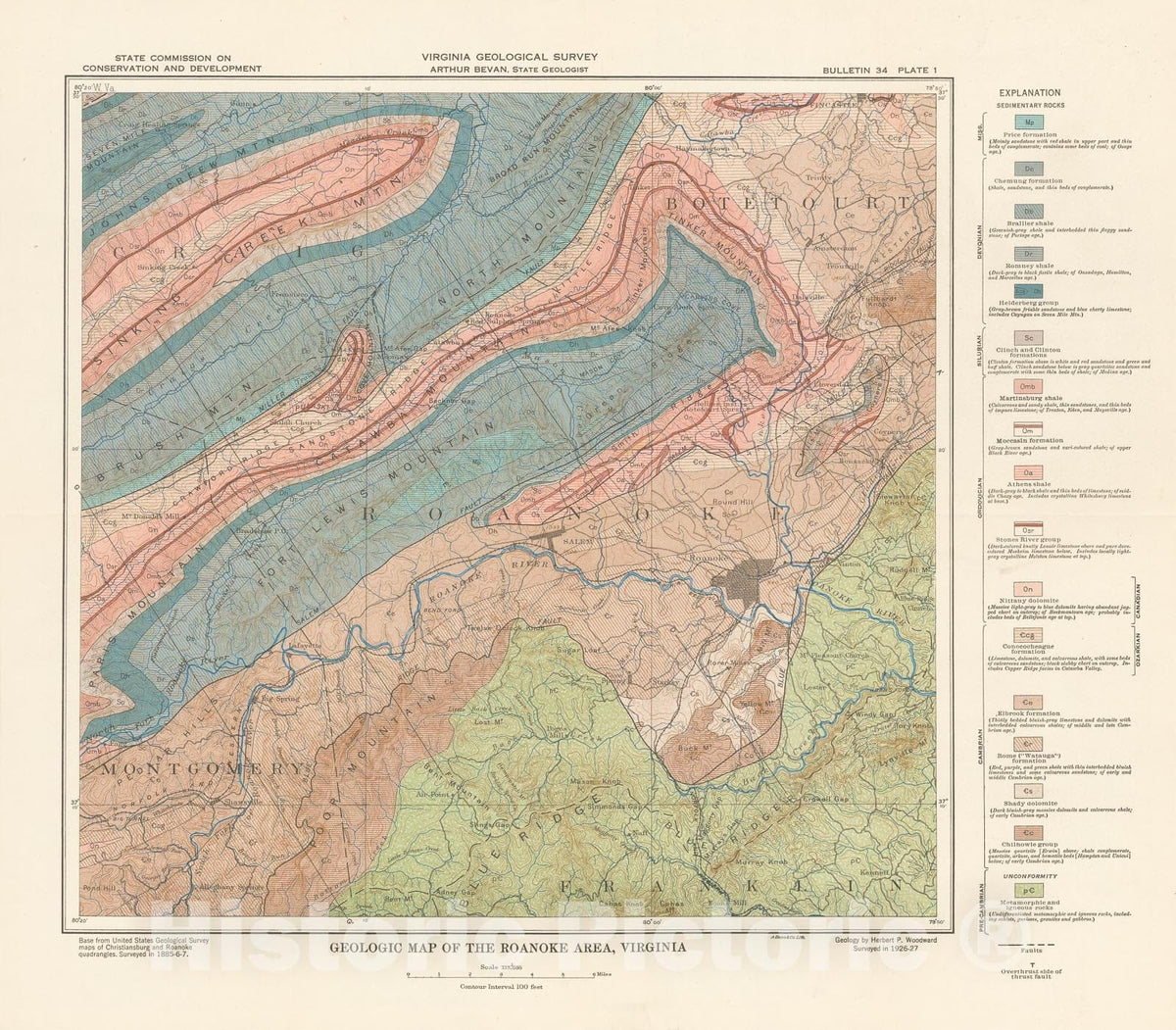 Map : Geology and mineral resources of the Roanoke area, Virginia, 1932 Cartography Wall Art :