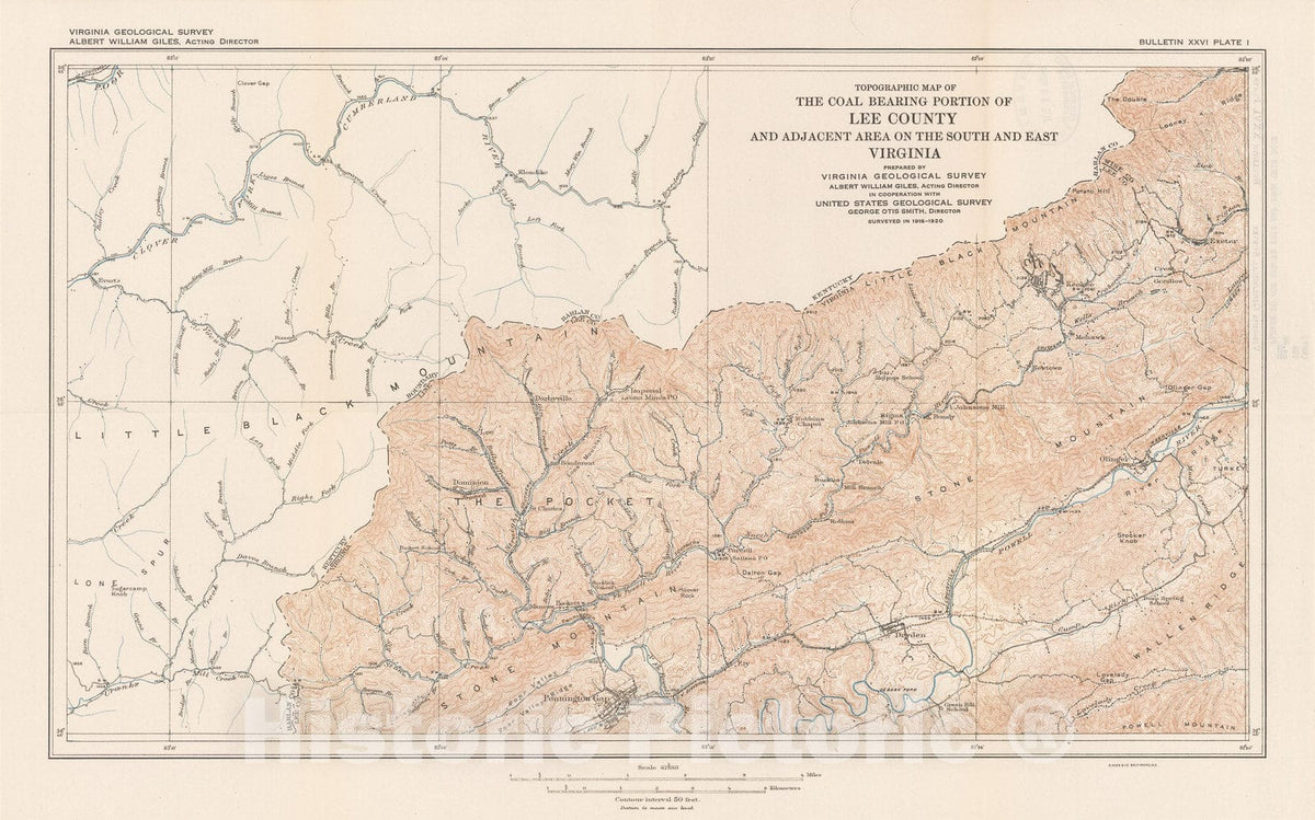 Map : The geology and coal resources of the coal-bearing portion of Lee County, Virginia, 1925 Cartography Wall Art :