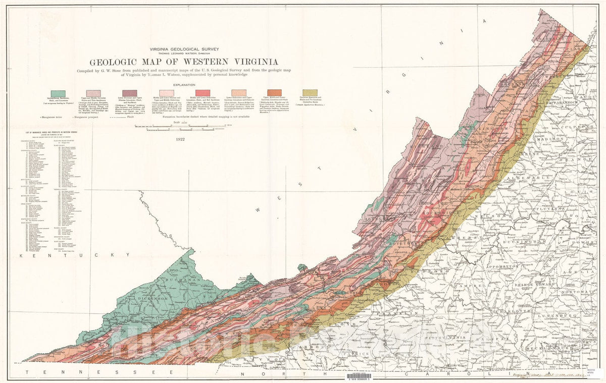 Map : Manganese deposits of western Virginia, 1922 Cartography Wall Art :