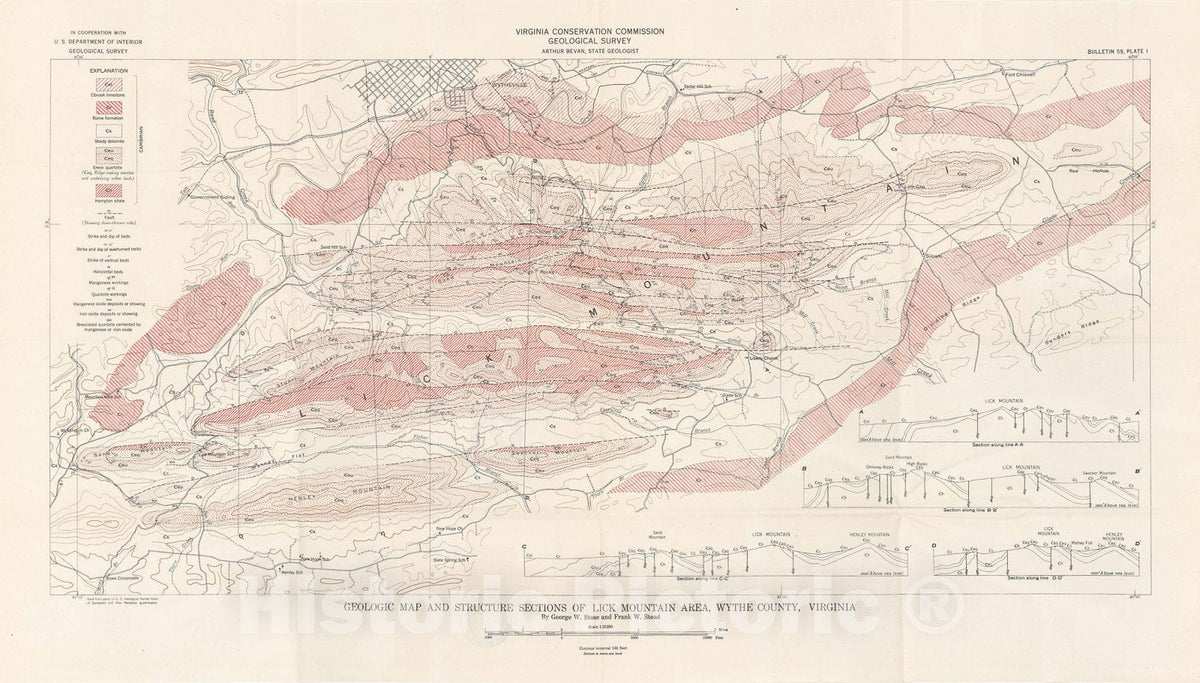 Map : Manganese and quartzite deposits in the Lick Mountain district, Wythe County, Virginia, 1943 Cartography Wall Art :