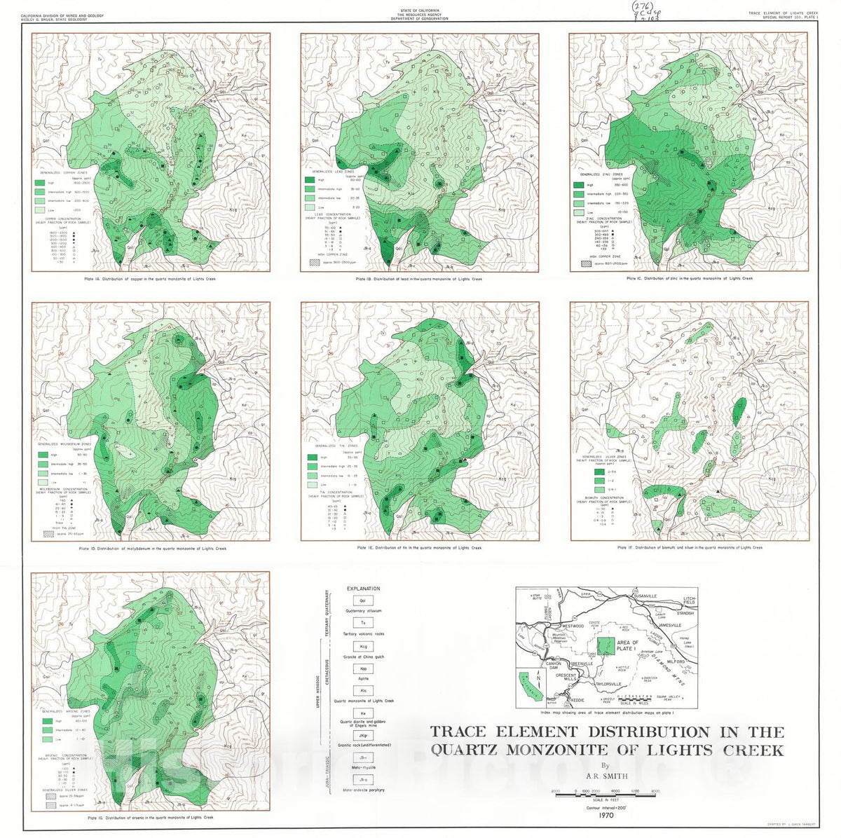 Map : Trace elements in the Plumas copper belt, Plumas County, California, 1970 Cartography Wall Art :