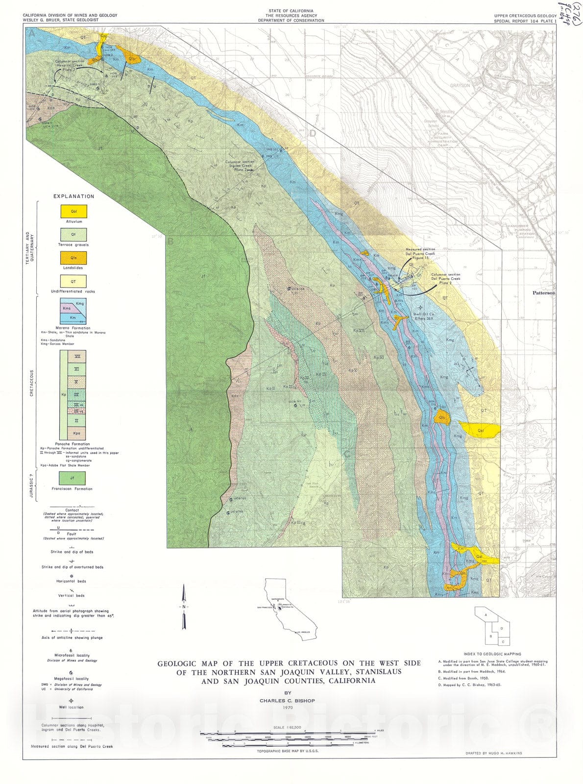 Map : Upper Cretaceous stratigraphy on the west side of the northern San Joaquin Valley, Stanislaus and San Joaquin Counties, California, 1970 Cartography Wall Art :
