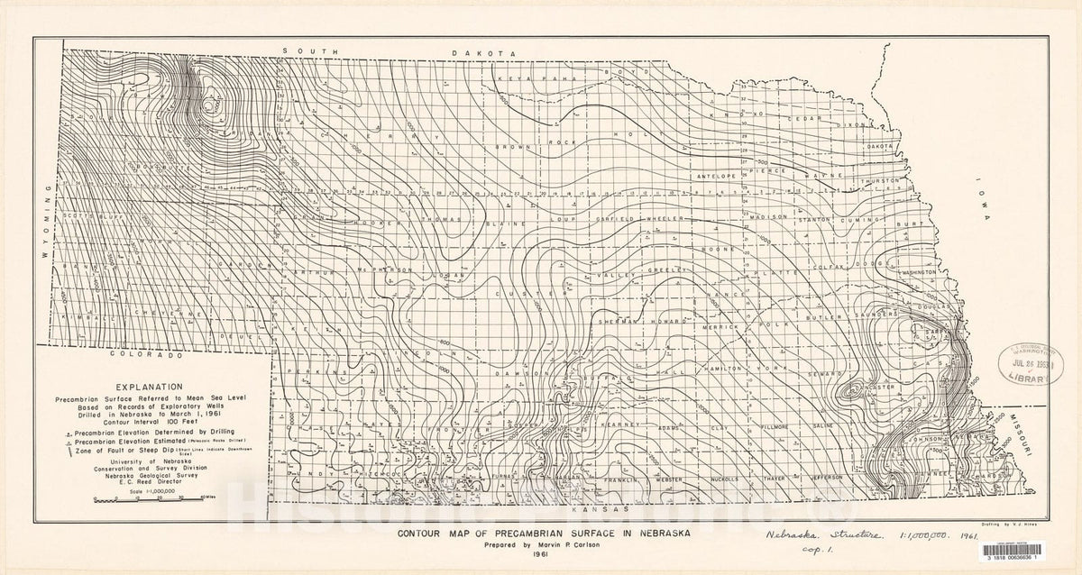 Map : Contour map of Precambrian surface in Nebraska, 1961 Cartography Wall Art :