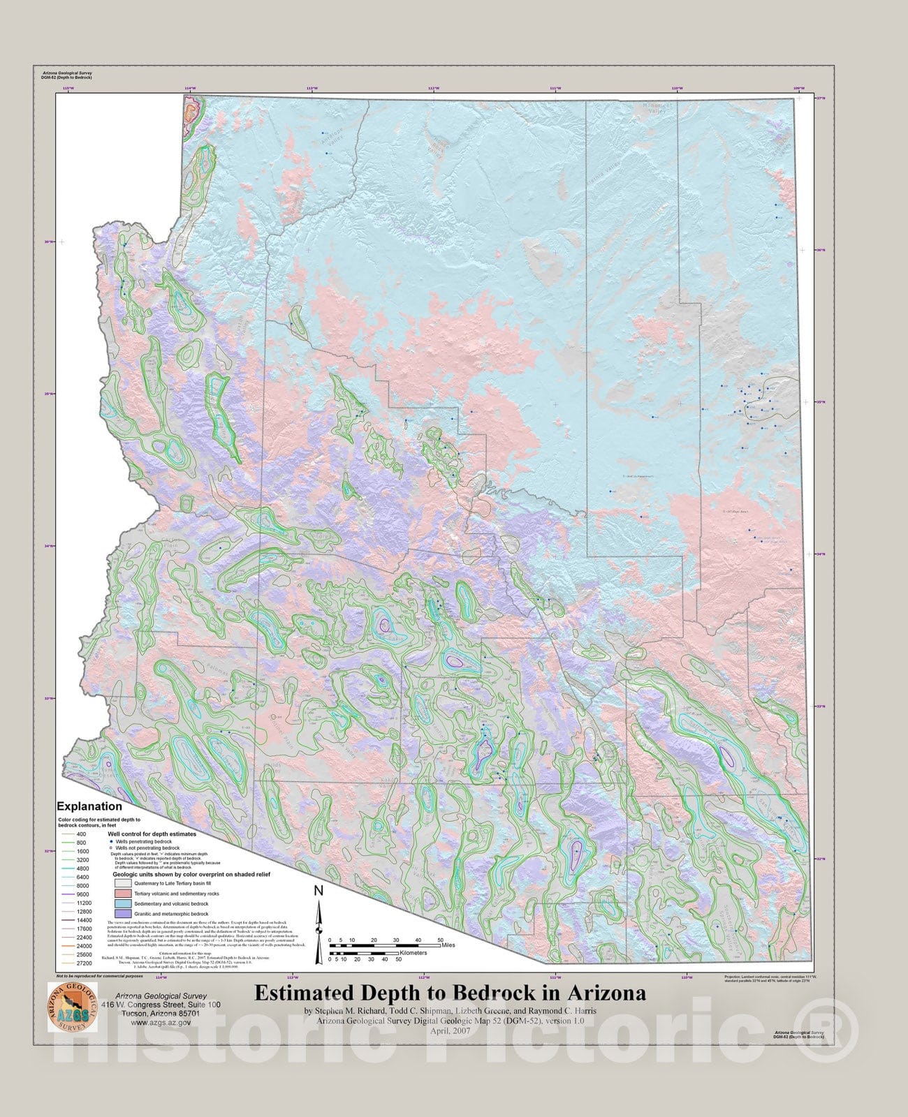 Map : Estimated depth to bedrock in Arizona, 2007 Cartography Wall Art :