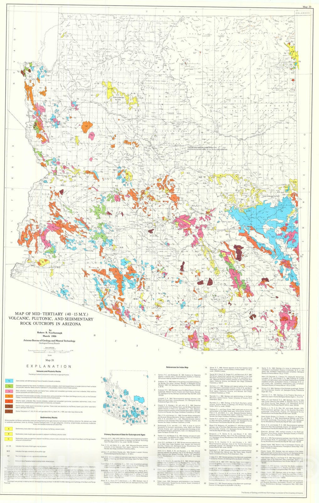 Map : Map of mid-Tertiary volcanic, plutonic, and sedimentary rock outcrops in Arizona, 1986 Cartography Wall Art :
