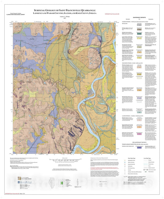 Map : Surficial geology of Saint Francisville Quadrangle, Lawrence and Wabash Counties, Illinois and Knox County, Indiana, 2017 Cartography Wall Art :