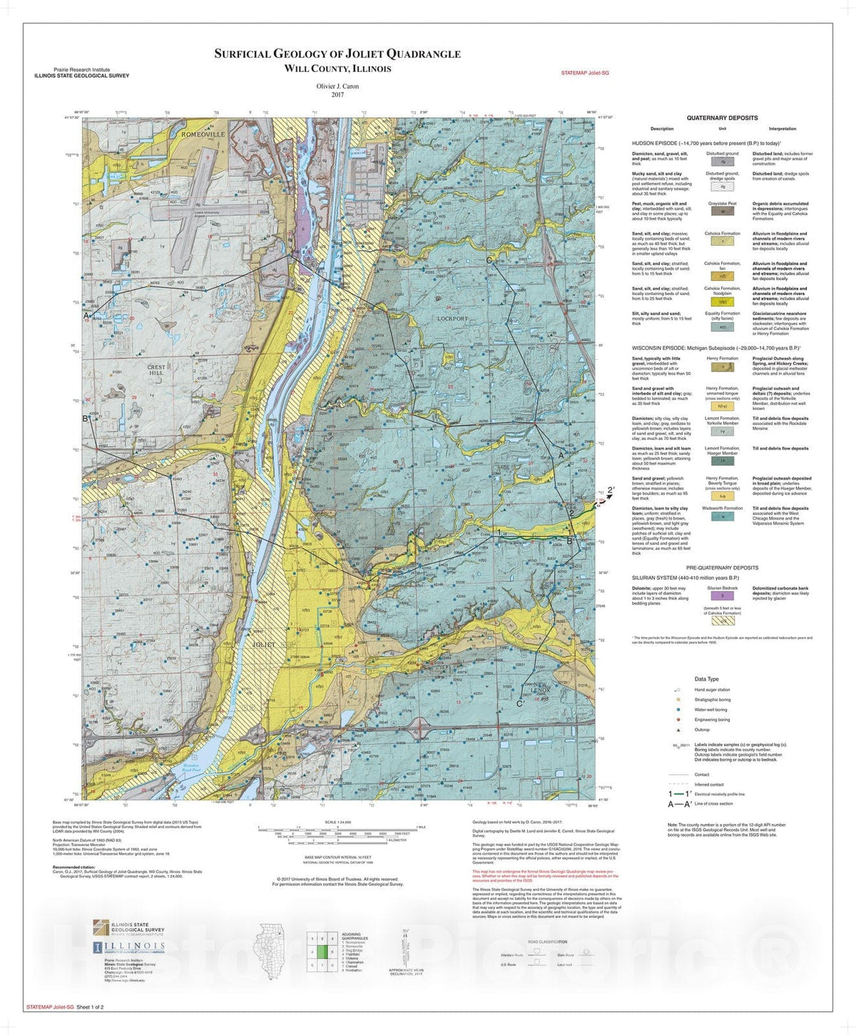 Map : Surficial geology of Joliet Quadrangle, Will County, Illinois, 2017 Cartography Wall Art :