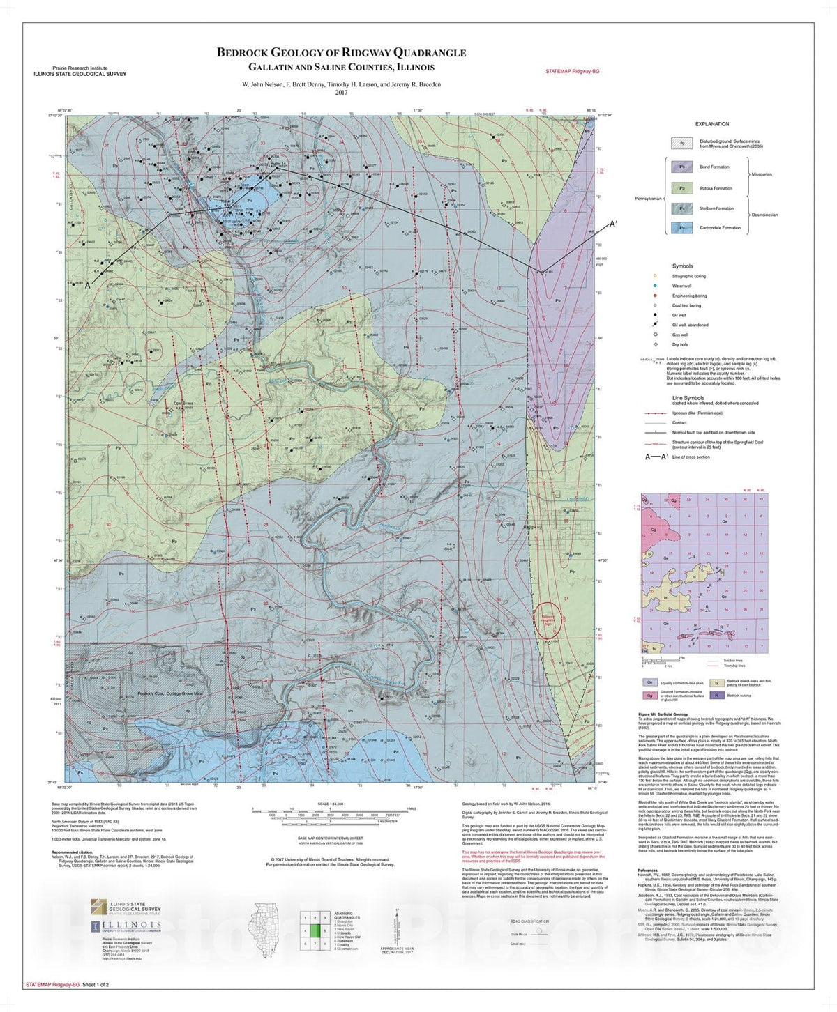 Map : Bedrock geology of Ridgway Quadrangle, Gallatin and Saline Counties, Illinois, 2017 Cartography Wall Art :
