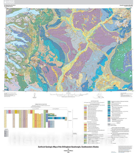 Map : Surficial geologic map of the Dillingham quadrangle, southwestern Alaska, 2018 Cartography Wall Art :