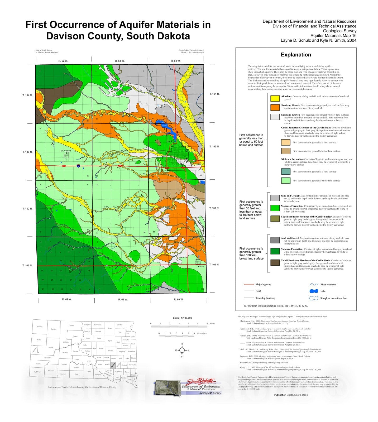 Map : First occurrence of aquifer materials in Davison County, South Dakota, 2004 Cartography Wall Art :