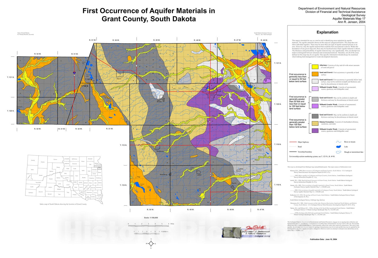 Map : First occurrence of aquifer materials in Grant County, South Dakota, 2004 Cartography Wall Art :