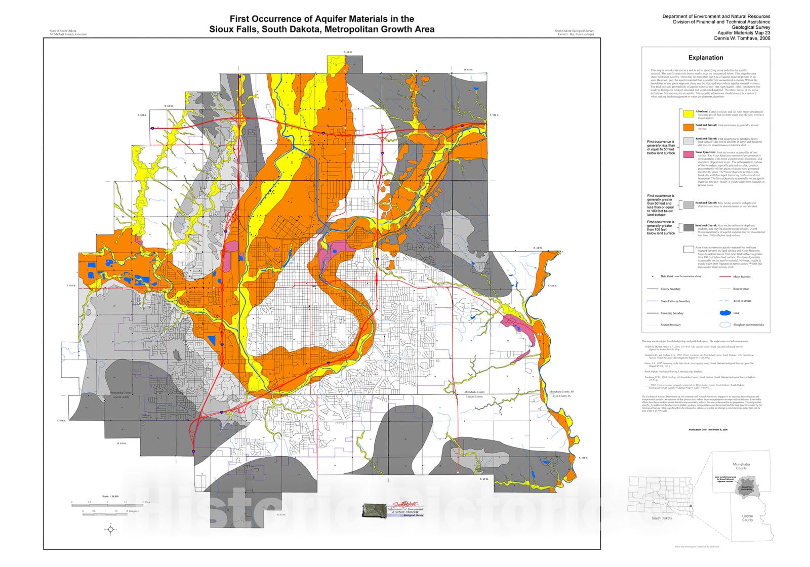 Map : First occurrence of aquifer materials in the Sioux Falls, South Dakota, metropolitan growth area, 2006 Cartography Wall Art :