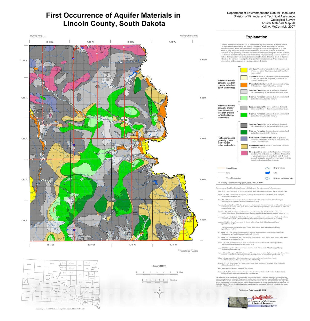 Map : First occurrence of aquifer materials in Lincoln County, South Dakota, 2007 Cartography Wall Art :