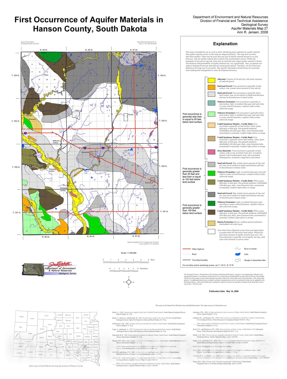 Map : First occurrence of aquifer materials in Hanson County, South Dakota, 2008 Cartography Wall Art :