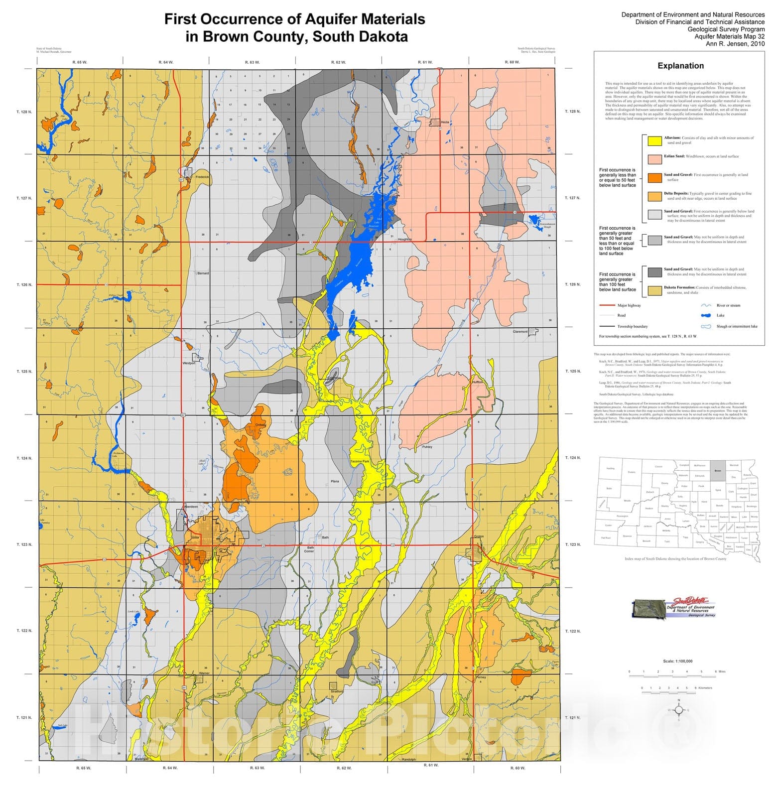 Map : First occurrence of aquifer materials in Brown County, South Dakota, 2010 Cartography Wall Art :