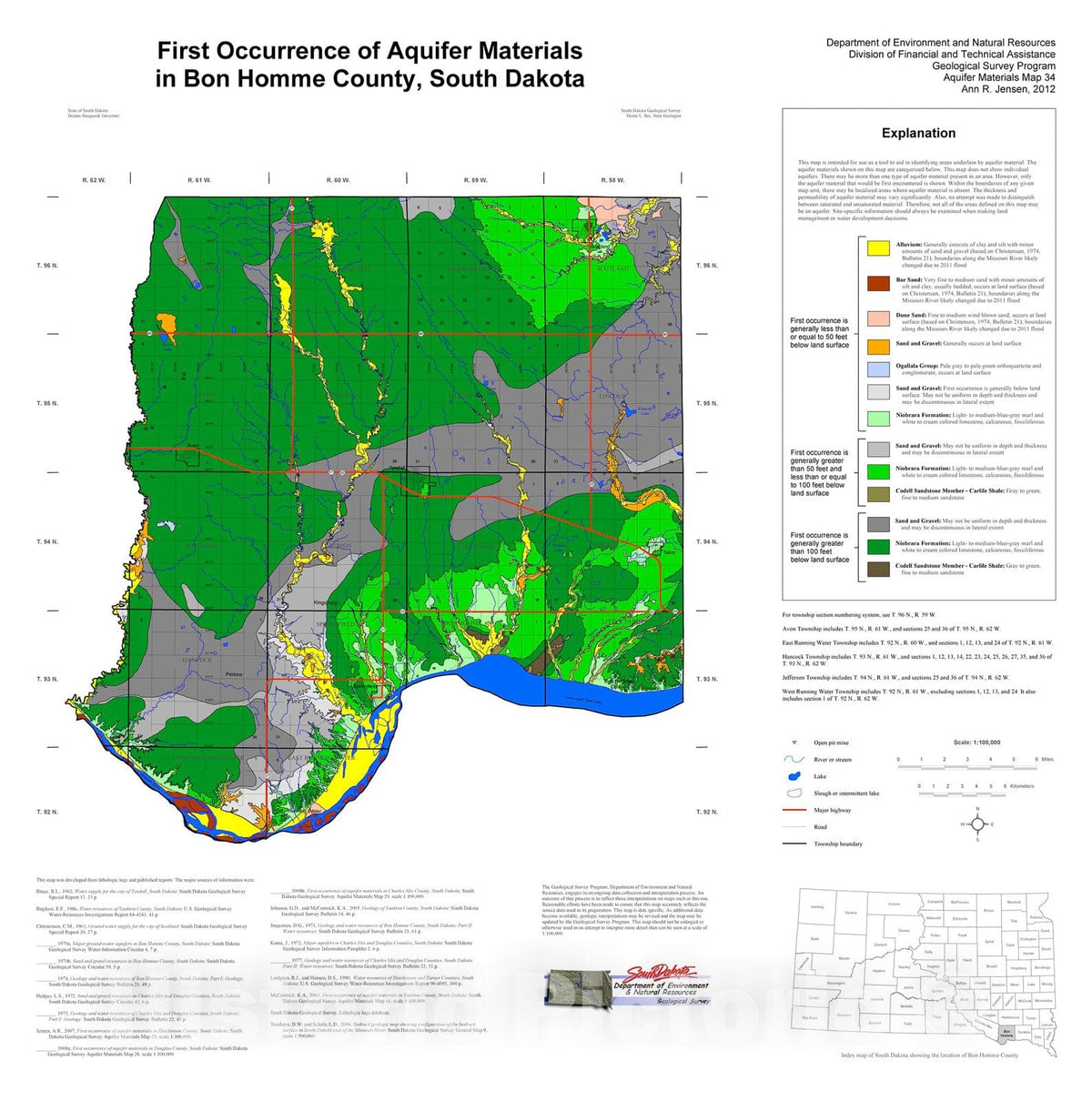 Map : First occurrence of aquifer materials in Bon Homme County, South Dakota, 2012 Cartography Wall Art :