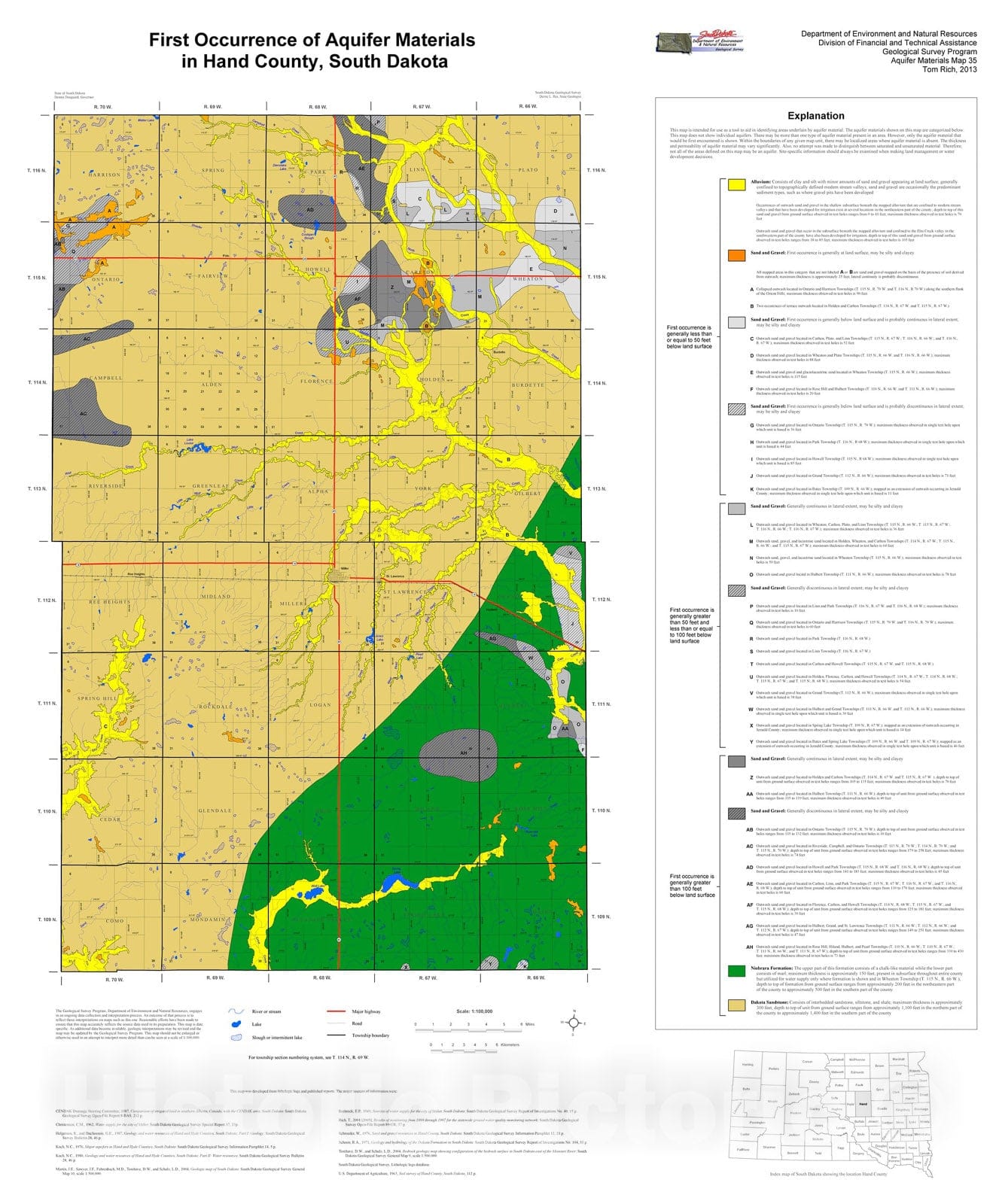 Map : First occurrence of aquifer materials in Hand County, South Dakota, 2013 Cartography Wall Art :