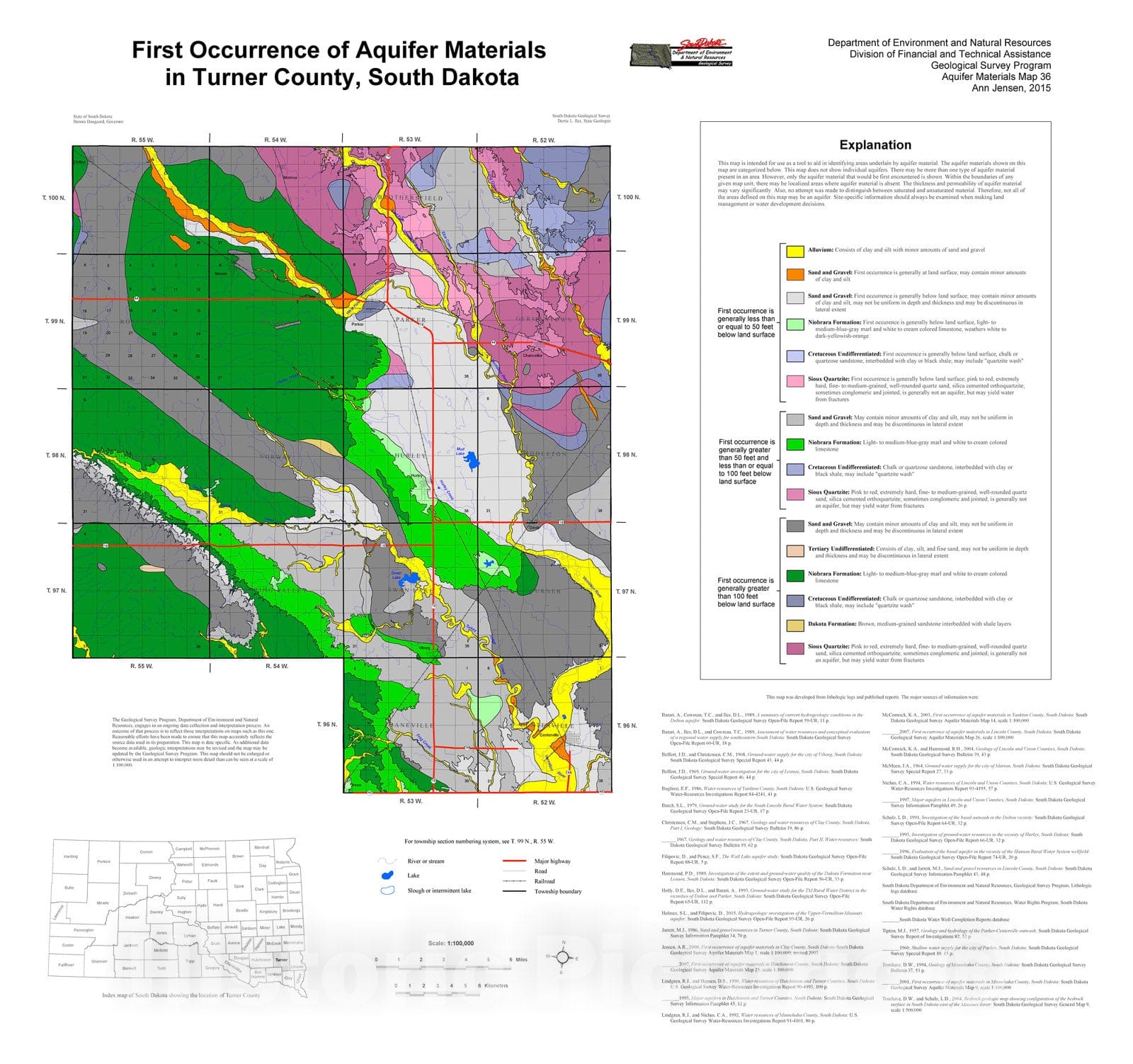 Map : First occurrence of aquifer materials in Turner County, South Dakota, 2015 Cartography Wall Art :