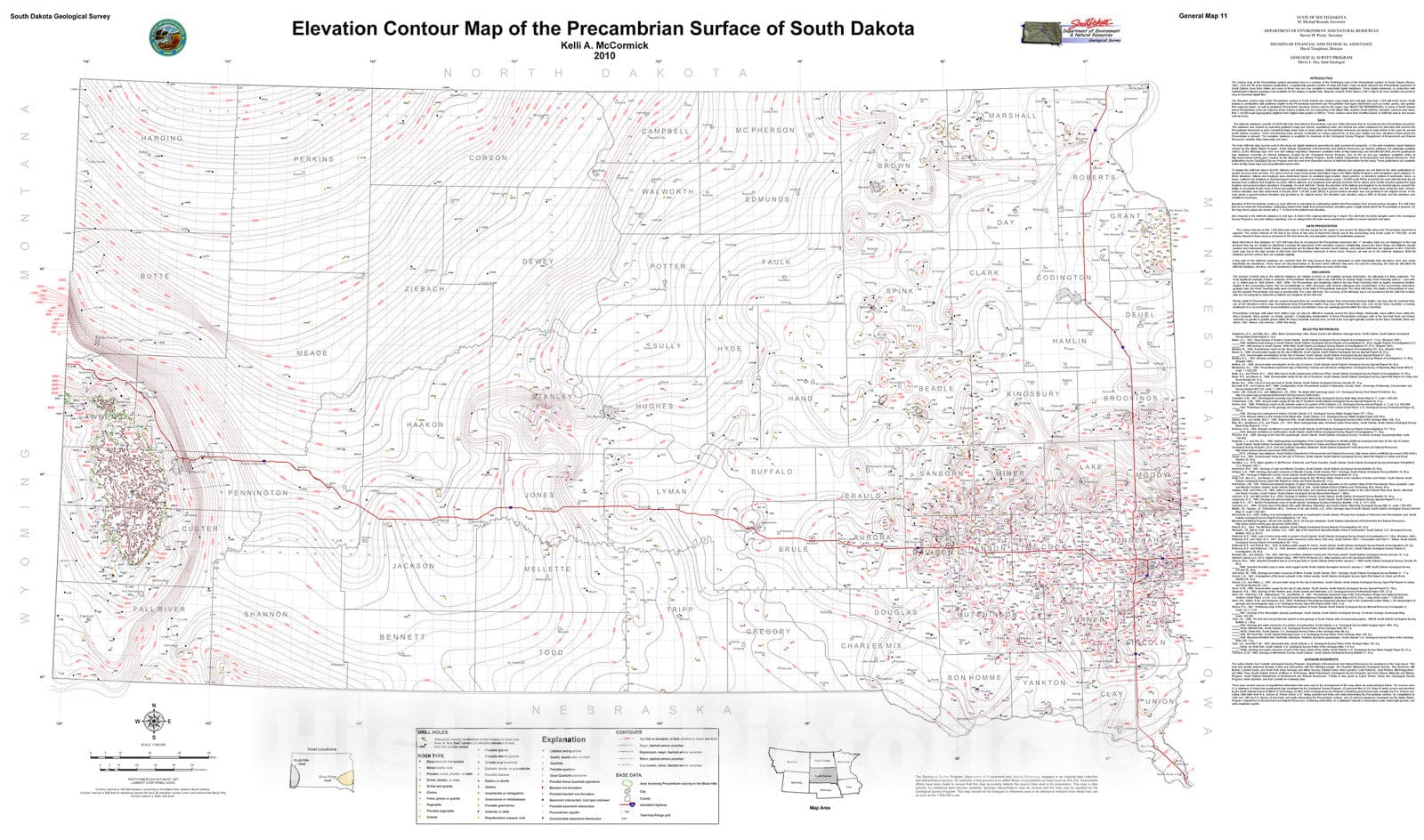 Map : Elevation contour map of the Precambrian surface of South Dakota, 2010 Cartography Wall Art :