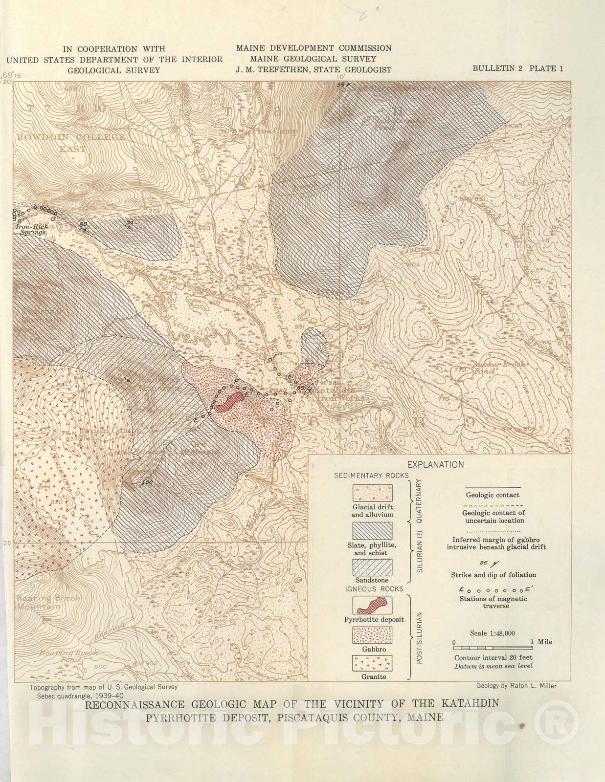 Map : Geology of the Katahdin pyrrhotite deposit and vicinity, Piscataquis County, Maine, 1945 Cartography Wall Art :