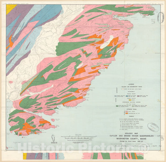 Map : The geology of the Cutler and Moose River quadrangles, Washington County, Maine, 1961 Cartography Wall Art :