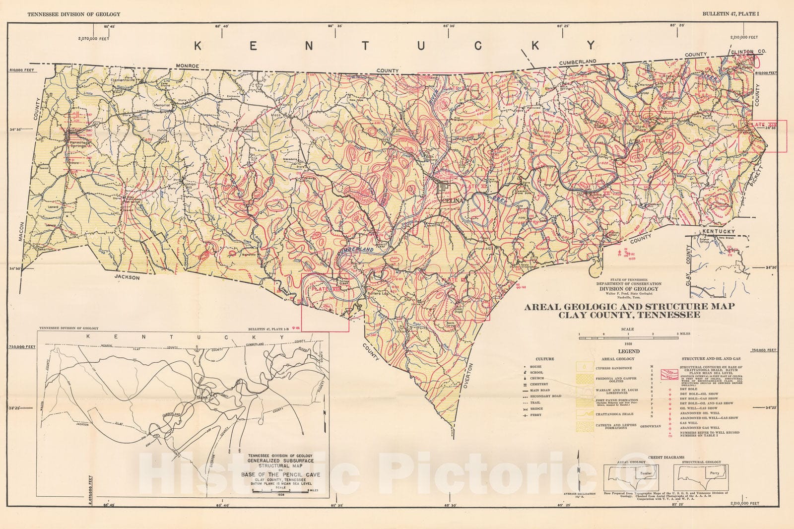 Map : Geology and petroleum resources of Clay County, Tennessee, 1939 Cartography Wall Art :