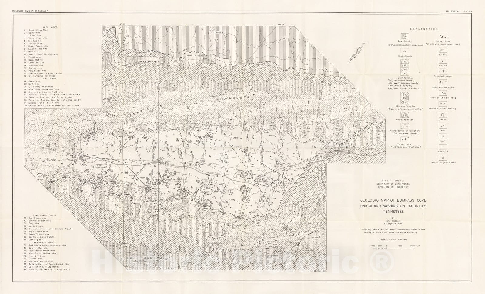 Map : Geology and mineral deposits of Bumpass Cove, Unicoi and Washington Counties, Tennessee, 1948 Cartography Wall Art :