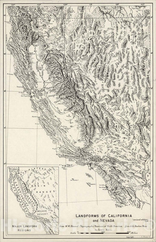 Historic Map : Landforms of California and Nevada., 1961, Vintage Wall Art