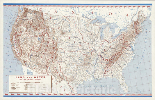 Historic Map : Land and Water of the United States., 1950, Vintage Wall Art