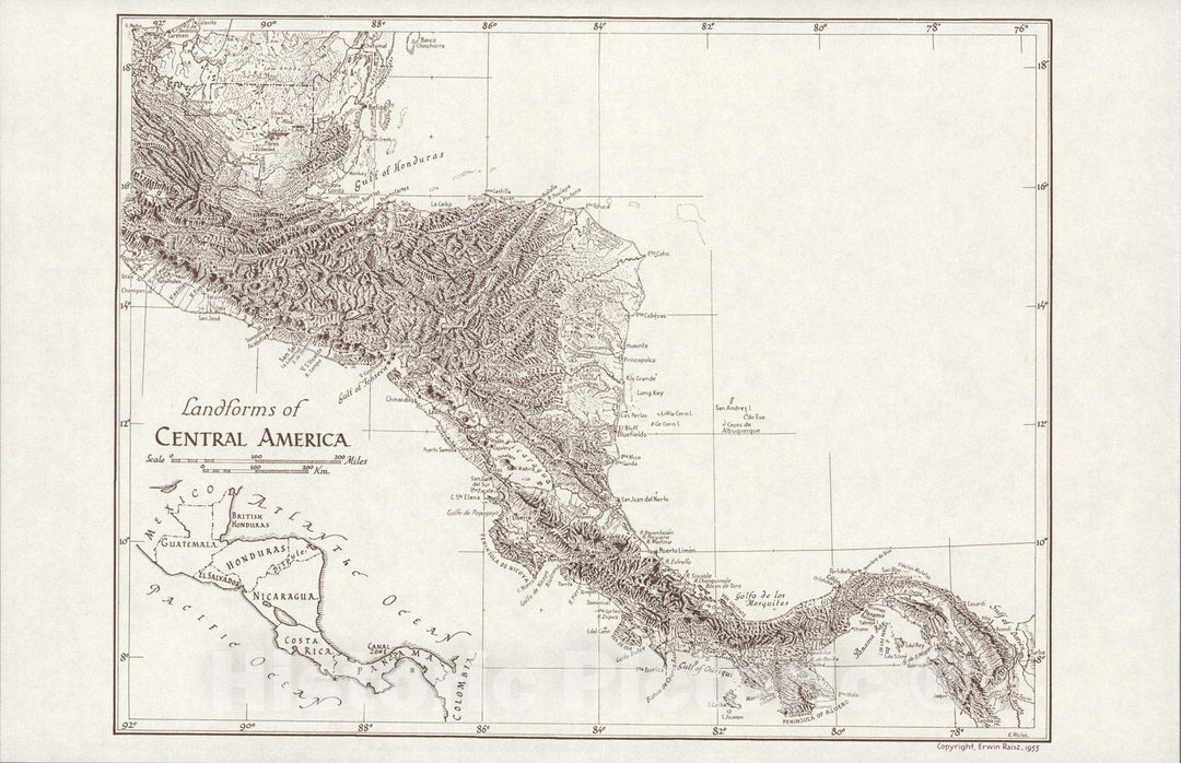 Historic Map : Landforms of Central America., 1953, Vintage Wall Art