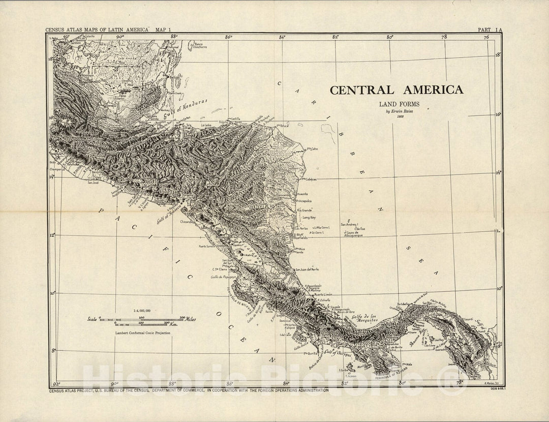 Historic Map : Central America Land Forms., 1953, Vintage Wall Art