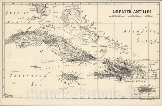 Historic Map : Greater Antilles., 1953, Vintage Wall Art