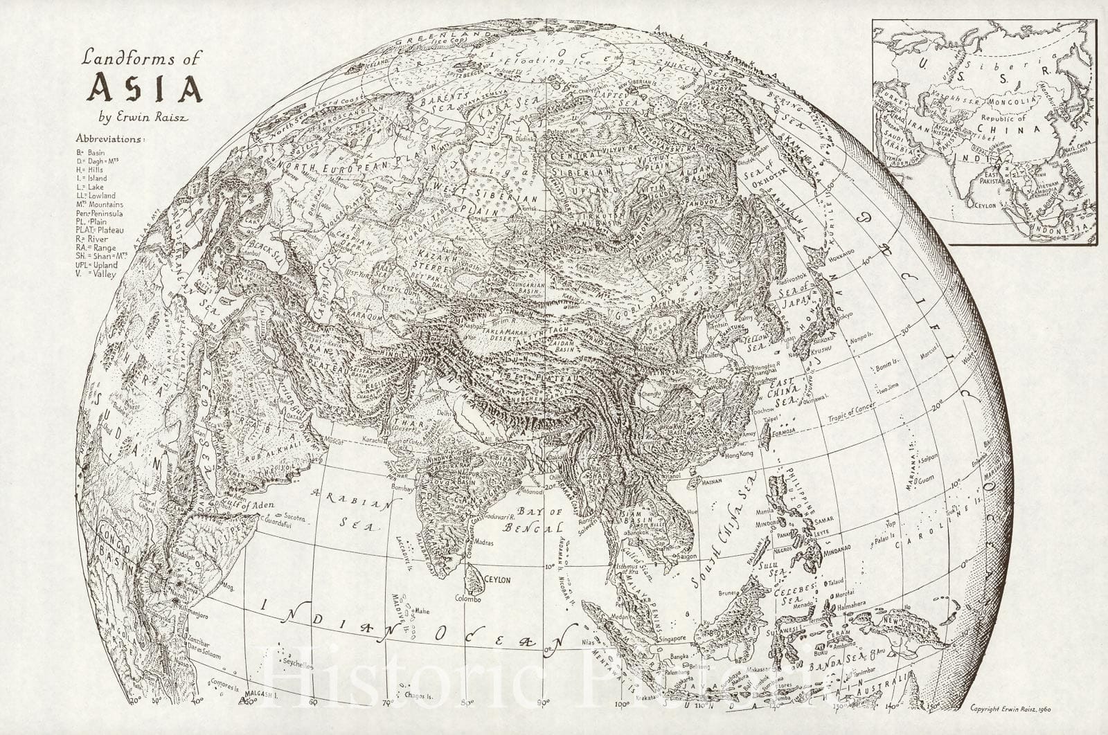 Historic Map : Landforms of Asia., 1960, Vintage Wall Art