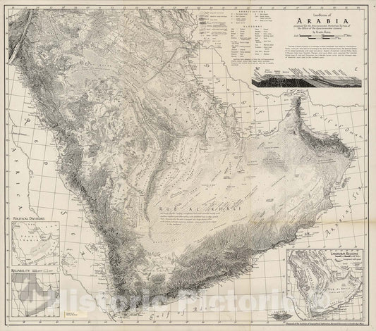 Historic Map : Landforms of the Arabia., 1950, Vintage Wall Art