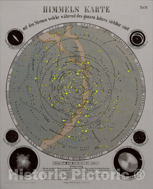 Historic Map : Taf. II. (backlit) Sky map with stars which are visible during the whole year., 1855, Vintage Wall Art