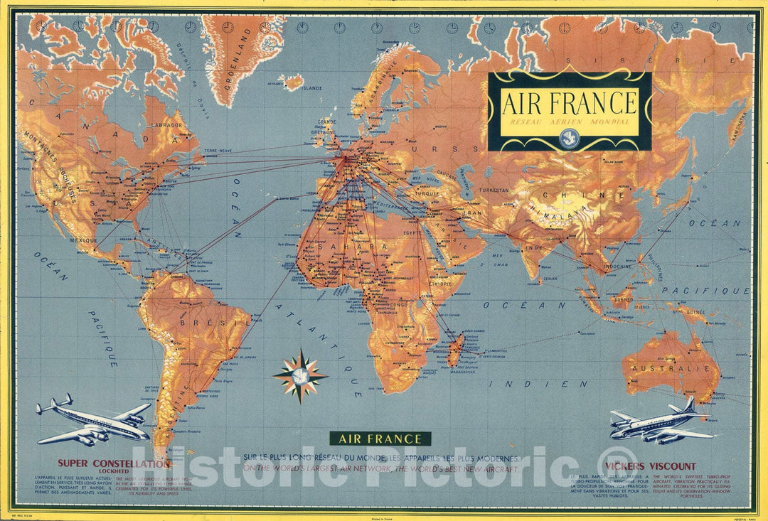 Historic Map : Air France, Reseau Aerien Mondial., 1956, Vintage Wall Art