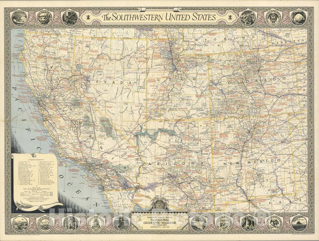 Historic Map : The Southwestern United States. Executed in the Cartographic Section of the National Geographic Magazine, 1940, Vintage Wall Art