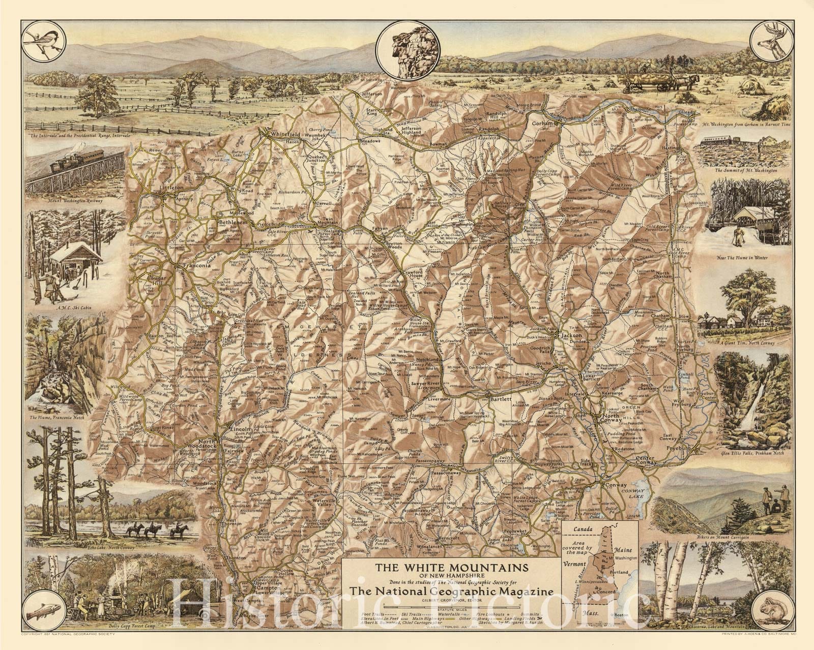 The White Mountains of New Hampshire - Pictorial Map, 1938