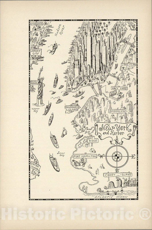 Historic Map : New York and Harbor., 1934, Vintage Wall Art