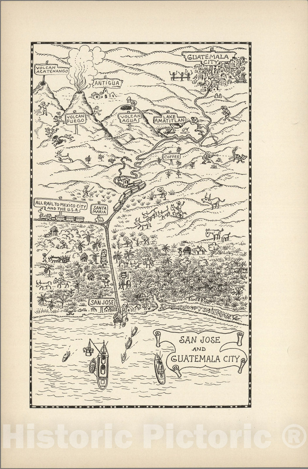 Historic Map : San Jose and Guatemala City., 1934, Vintage Wall Art