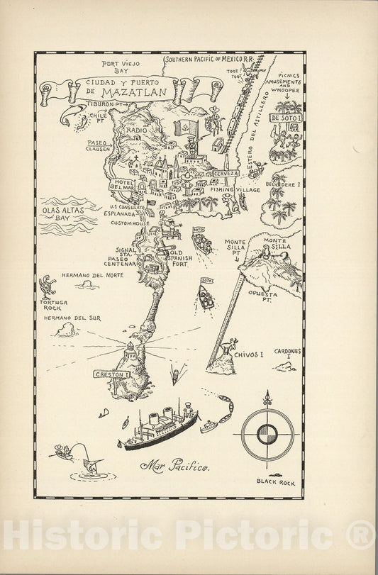 Historic Map : Ciudad y Puerto de Mazatlan., 1934, Vintage Wall Art