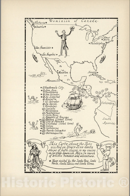 Historic Map : Spanish Main Ports-of-Call., 1934, Vintage Wall Art