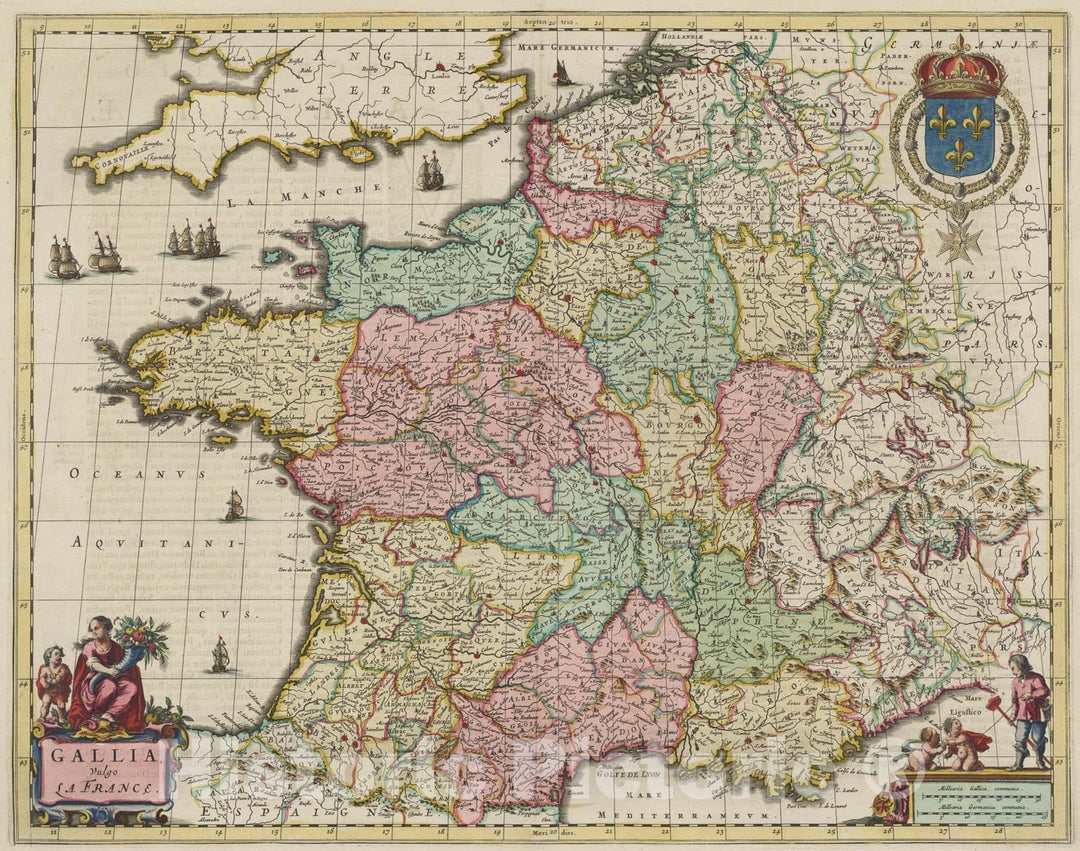 Historic Map : Gallia, Vulgo La France, 1665, Vintage Wall Art